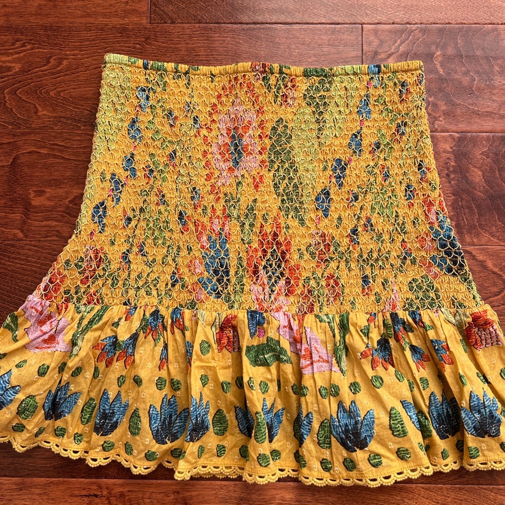 FARM Rio Yellow Bubble Mini Skirt with Smocked Ruffles